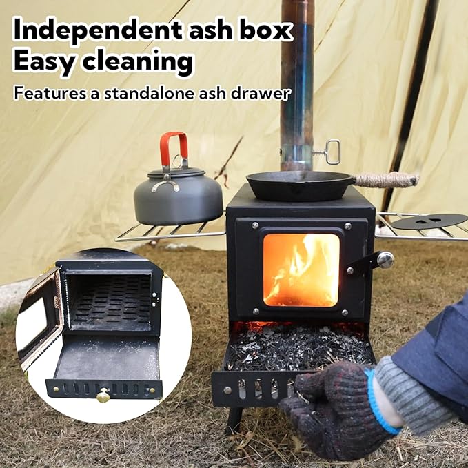 Wood Burning Stove,Tent Stove for Heating,Folding Portable Wood Stove for Tent,Cooking,Courtyard,Camping Stove include Chimney Pipes and Spark Arrestor, Black-LOGO