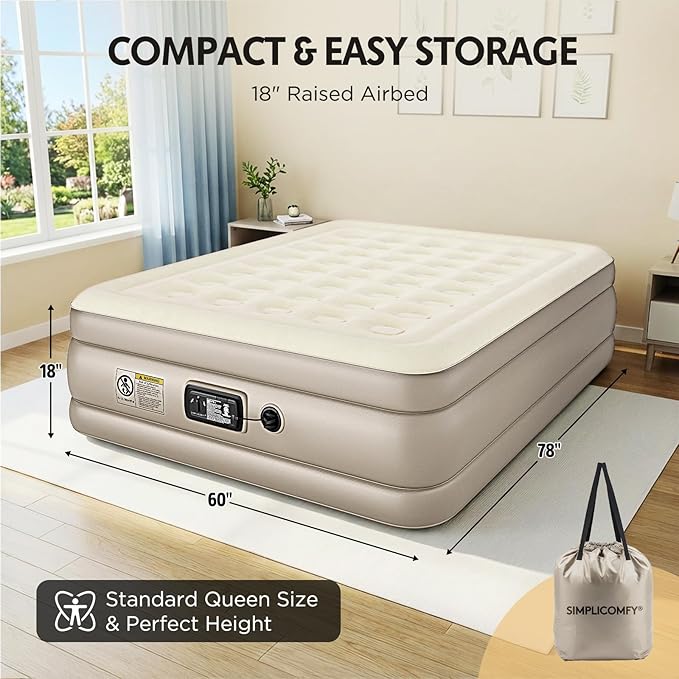 Simpli Comfy Inflatable 18” Queen Air Mattress with Built in Pump Self Inflating Blow Up Durable Heavy Duty Stay Firm Comfortable Air Bed Elevated for Home Guest Travel Relocate Camping
