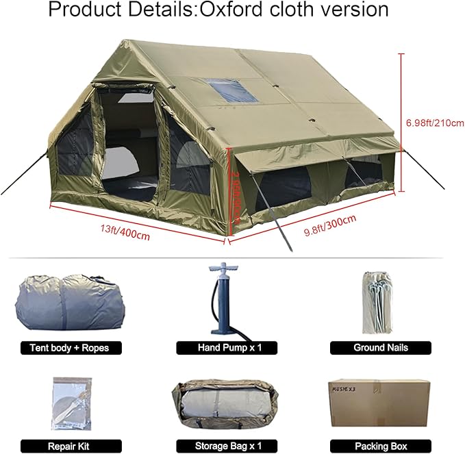Large Luxury Inflatable Camping Tent Cotton Canvas Tent, Breathable and Waterproof Air Tent with Skylight and Stove Jack Hole for for 4-6-8-10 Person Family Camping