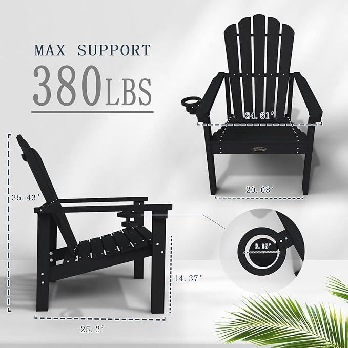 Stackable Adirondack Chair Set of 4, HDPE All-Weather Adirondack Chairs - Durable and Space Saving, Plastic Outdoor Fire Pit Chairs with Cup Holder,Black