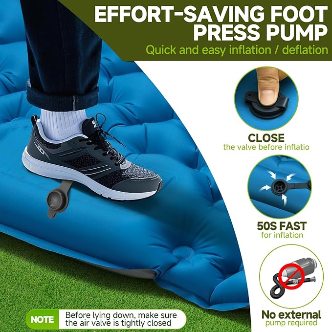 Double Camping Sleeping Pad, 4" Extra Thick 2 Person Inflatable Sleeping Pad with Built-in Foot Pump & Pillow, Self Inflating Camping Mattress for Tent, Backpacking, Hiking, Travel, RV（Blue）