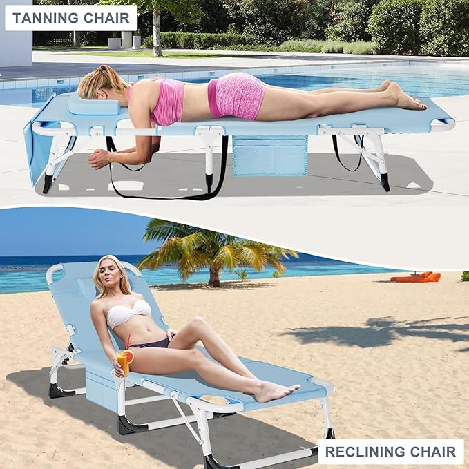 Slsy Face Down Folding Lounge Chairs Outdoor, Adjustable Sleeping Cot Chair, Portable Folding Bed Cot Chaise Lounge Chairs for Outside Beach Lawn Camping Pool Sun Tanning