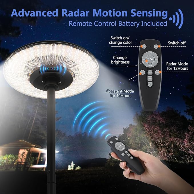 Solar Street Lights Outdoor with Pole, Waterproof Motion Sensor Solar Lamp Posts with Remote Control at 360° omnidirectional for Yard, Camping, Garden, Outside (106.3" Pole with 324 LED)