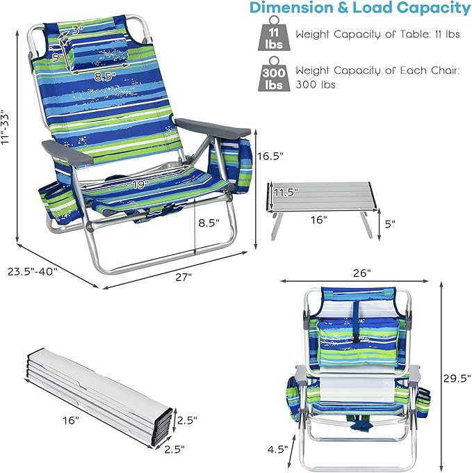 Goplus Beach Chair, Folding Backpack Beach Chairs for Adults with 5 Positions, Head Pillow, Cooler Bag, Towel Bar, Cup Holders, Sunbath Sling Tanning Lounge, Foldable Layout Camping Chairs
