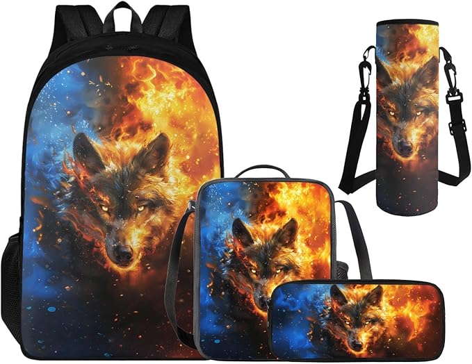 Wolf Backpack for School Boys Back to School, 4th Grade Boys Backpack 4 Piece Set Lunch Box Lightweight Pencil Case Water Bottle Holder Bookbag Accessories Sets