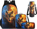 Wolf Backpack for School Boys Back to School, 4th Grade Boys Backpack 4 Piece Set Lunch Box Lightweight Pencil Case Water Bottle Holder Bookbag Accessories Sets
