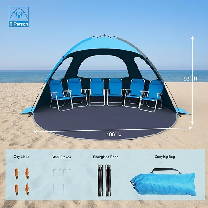 NXONE Beach Tent Sun Shelter with UPF 50+ UV Protection, Lightweight Easy Setup Portable Beach Canopy for Family, Large Space for Beach, Camping & Outdoor, 3/4/6 Person