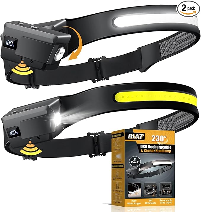 LED Headlamp Rechargeable 2PCS, 230° Wide Beam Headlight with Motion Sensor, 90° Rotation and Removable Head Lights for Forehead, 5Mode Head Lamp for Adults, Camping Essentials Gear for Hiking