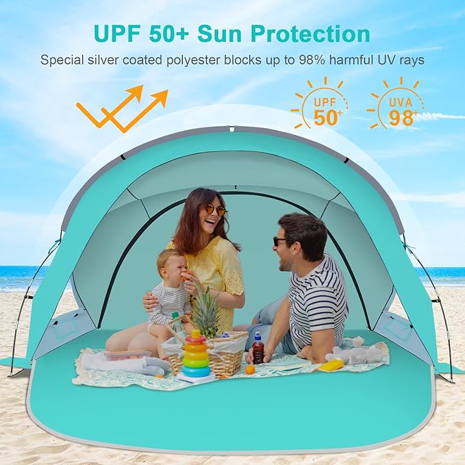 Gorich Beach Tent Sun Shelter with UPF50+ UV Protection for 1-2/3/4-5/6-7 Person, Lightweight & Portable Beach Shade Canopy with 2 Zippered Doors, Easy Setup Family Beach Umbrella