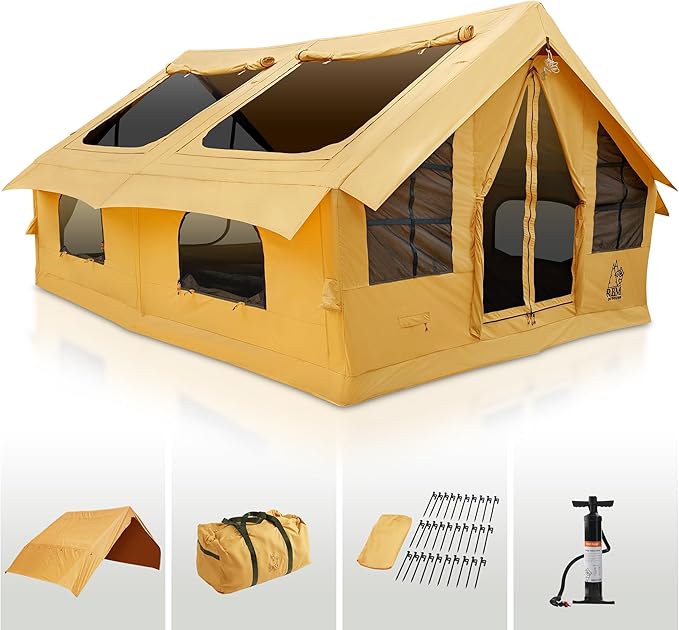 Inflatable Canvas Camping Tents with Stove Jack – Air Beam Blow Up Family Camping Tent for 2–6 People, Fast Setup Shelter with Hand Pump
