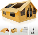 Inflatable Canvas Camping Tents with Stove Jack – Air Beam Blow Up Family Camping Tent for 2–6 People, Fast Setup Shelter with Hand Pump
