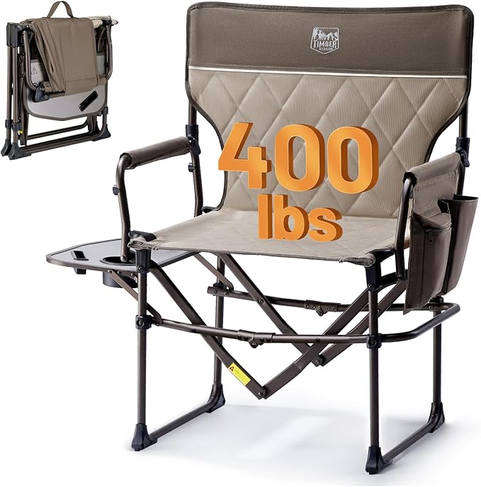Timber Ridge Aluminum Camping Directors Chair with Side Table Pocket, Portable Folding Heavy Duty Lawn Chair for Fishing Trip Picnic Concert Outdoor 400lbs, Tan