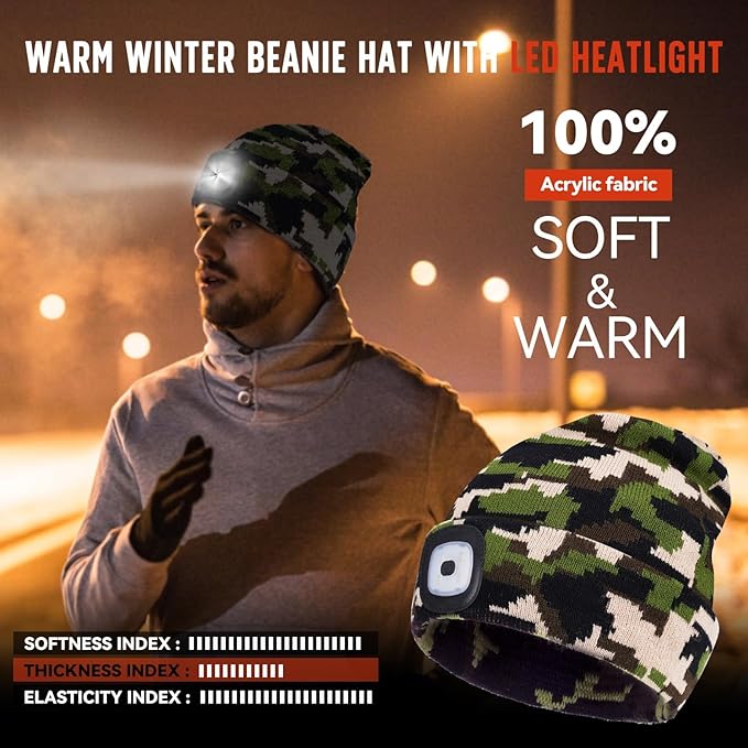 Unisex Beanie Hat with Light, Rechargeable Headlamps Cap, Gifts for Men, Hiking, Camping headlamps, Cool Gadget Birthday Gifts for Men, Women, Dad, Father, Boyfriend, Camouflage