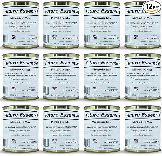 Future Essentials Freeze Dried Dehydrated Mirepoix Mix Dried Carrots, Celery & Onions (Soffritto) 7.5 Oz Each Can Shelf-Stable Emergency Food Supply Easy Prep for Camping, Hiking & Survival Pack of 12