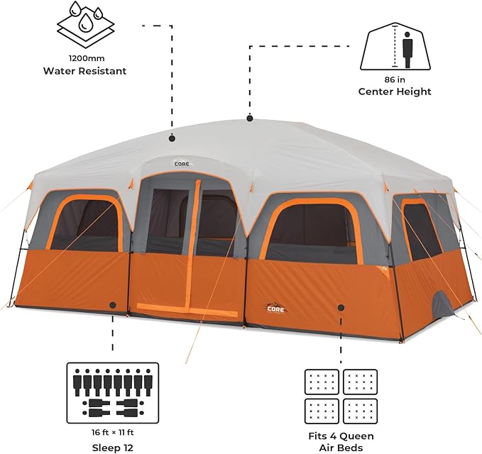 CORE Tent for Family Camping | 10 Person / 11 Person / 12 Person Large Multi Room Cabin Tents for Car Camping & Outdoor Adventures