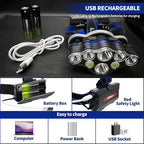 Rechargeable Headlamp, 8 LED 18000lm IPX4, Red Light Flashlight, USB Cable 8 Modes Outdoors Camping Running Fishing Hiking (Blue Headband)