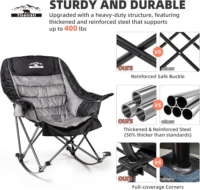 Oversized Rocking Camping Chairs with Side Pocket & Cup Holder - Set of 2 Heavy-Duty 400lbs Padded Outdoor Chairs (Black & Gray)