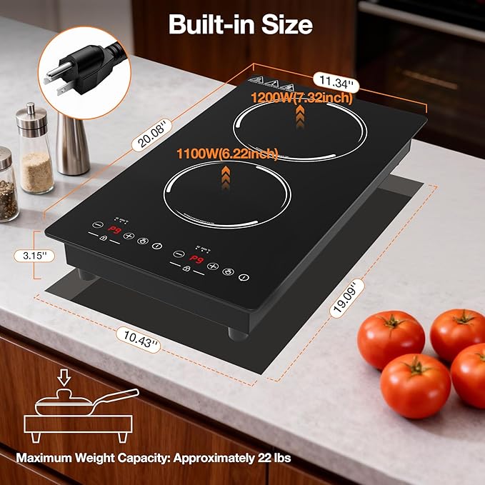Double Induction Cooktop 2300W, Portable Induction Stove Hot Plate with 9-Level Independent Touch Control, Safety Lock, 2H Timer for Easy & Safe Cooking in Apartments, RVs, Camping and Outdoor
