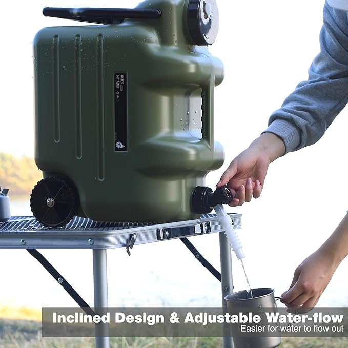 REDCAMP 7.4 Gal Water Container with Wheels & Spigot | Portable Rolling Emergency Camping Water Jug with Folding Handle | BPA Free Food Grade Water Storage Tank for Camping, Hiking(28L, Green)