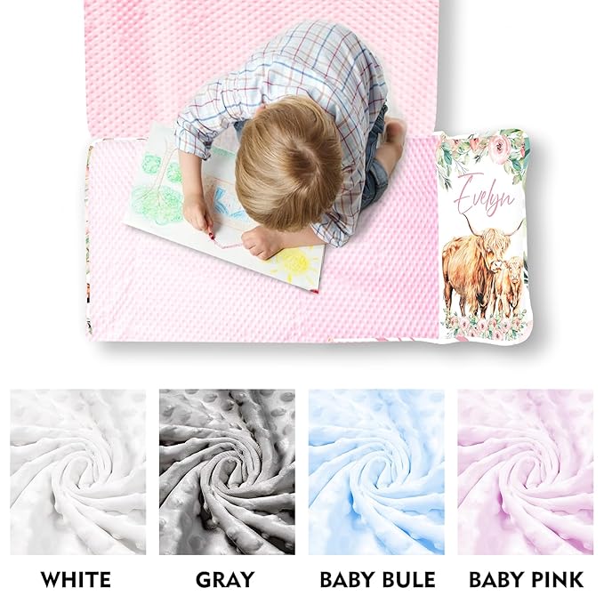 Custom Toddler Nap Mat for Preschool, Personalized Name Kids Sleeping Bag with Highland Cow Pattern for Daycare, Roll Up Sleeping Mat with Removable Pillow and Soft Dot Minky Blanke for Girls Camping