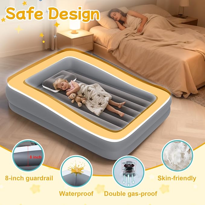 Inflatable Toddler Travel Bed with Tent - Kids Air Mattress with High-Speed Pump - Portable Blow Up Air Cribs with Safety Sides & Carry Bag - Lightweight Camping Tent for Outdoor - khaki & Grey 67inch