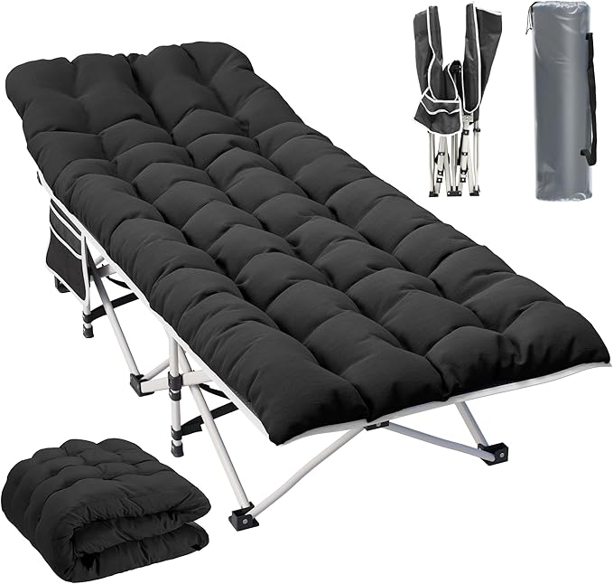 YITAHOME Camping Cots w/Mattress Portable Lounge Chair Outdoor Folding Cot Heavy Duty 575LB Capacity 1200D Oxford w/Carry Bag Travel Camp Bed for Camping, Office, Traveling, Black