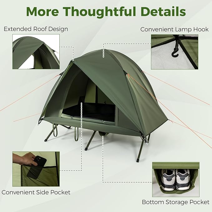Tangkula 2 Person Tent Cot, Portable Off Ground Elevated Camping Tent with Cot, Removable Rainfly, Wheeled Bag, Stakes & Wind Ropes for Picnic, Hiking, Travel, Beach