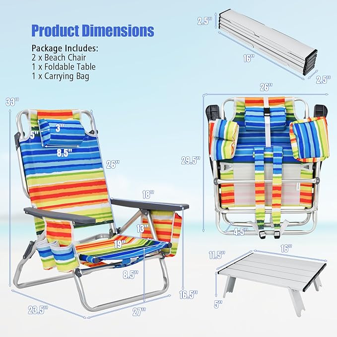 Tangkula Backpack Beach Chair with Table, 5-Position Lay Flat Beach Chairs with Cooler Bag, 2 Cup Holders, Towel Bar, Lightweight Low Folding Beach Chair with Backpack Straps