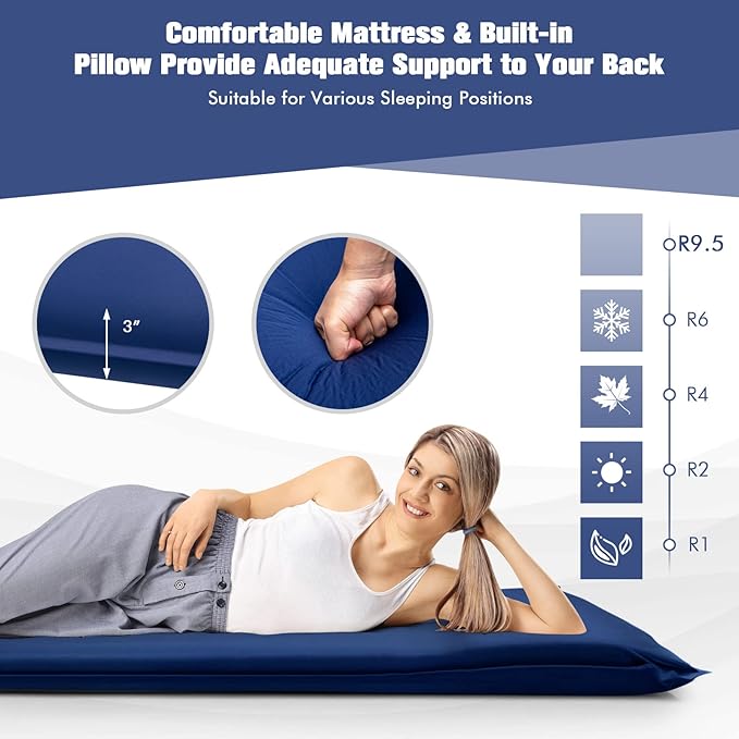 Tangkula Self Inflating Sleeping Pad, 3 Inch Inflatable Camping Mattress Pad with 9.5R Value, Insulated Foam Camping Mat with Pillow, Lightweight Camp Sleep Pad for Backpacking, Car, Tent