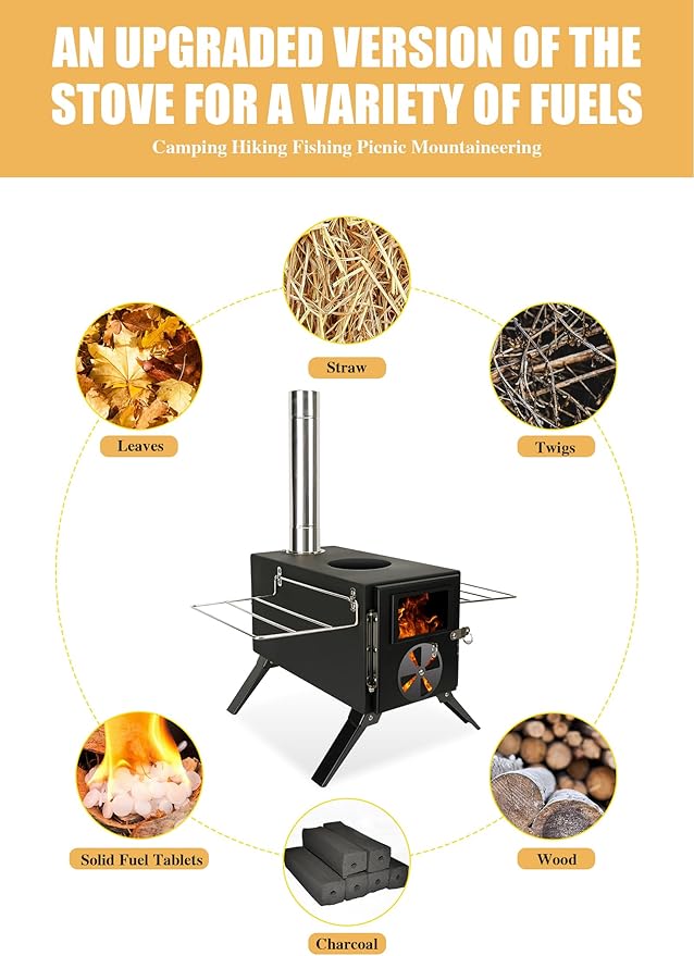 Camping Stove for Hot Tents, LAMA 304 Stainless Steel Wood Burning Stove with Stainless Wall Chimney Pipes for Tents, Shelter, Outdoor Portable Stove for Camping Heating and Cooking