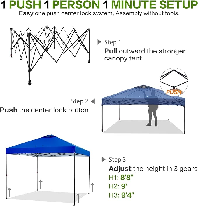 10'x10' Pop Up Canopy Tent with 1 Sidewall and 6 Pockets, One Push Setup, Instant Shade Tent with Vented Roof for Beach Patio Outdoor, Case, 8 Stakes, 4 Ropes, 4 Sandbags (Royal Navy, 10x10)
