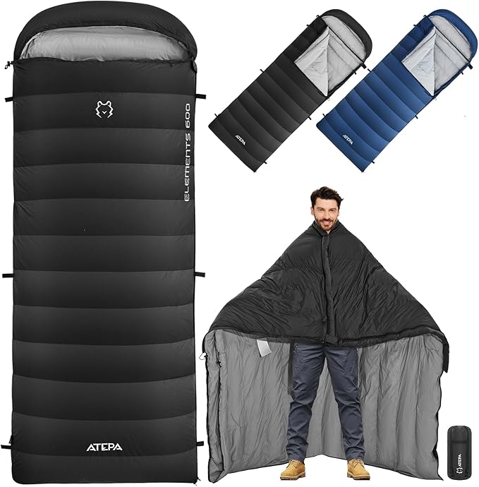 ATEPA Down Sleeping Bag for Adults, 650FP Recycled 30°F 35°F 40°F 45°F 3 Season Wearable Ultralight Packable Compact Sleeping Bags with Compression Sack for Backpacking Camping Hiking