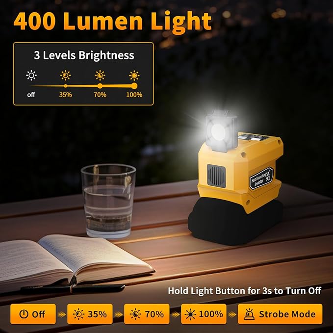 220W Power Inverter Compatible with DeWalt 20V/18V Batteries (Battery Not Included), DC to 110V AC Converter with 1 AC Outlet, USB-C, Dual USB-A & 400LM LED – Outdoor, Camping, Emergency Use