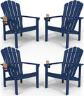 Stackable Adirondack Chair Set of 4, HDPE All-Weather Adirondack Chairs - Durable and Space Saving, Plastic Outdoor Fire Pit Chairs with Cup Holder,Navy Blue