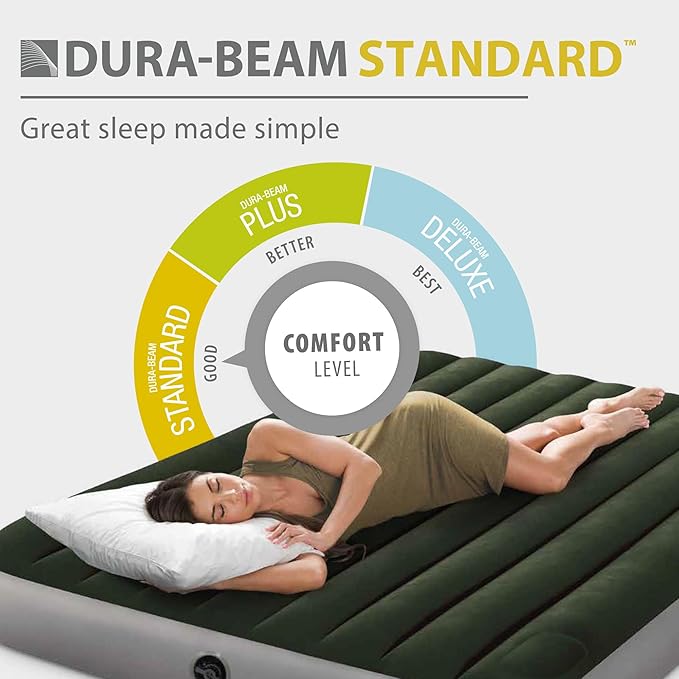 Intex 64763E Dura-Beam Standard Downy Air Mattress: Fiber-Tech – Queen Size – Built-in Foot Pump – 10in Bed Height – 600lb Weight Capacity