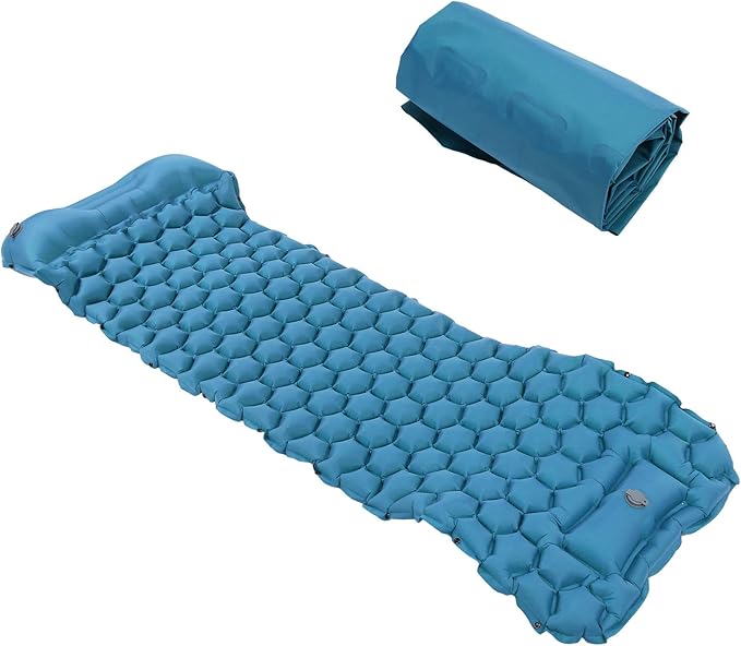 Camping Sleeping Pad Mat Foot Press Inflatable Cushion Mattress, Durably 40D Nylon TPU Laminate, Lightweight 700g, Compact Folding Size for Tent Hiking Travel (Peacock Blue)