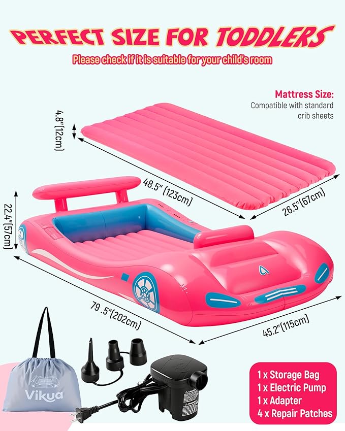Vikua Inflatable Toddler Travel Bed with Safety Bumpers & Quick-Inflating Pump, Portable Blow Up Air Mattress for Kids with Carry Bag, for Home, Travel, Camping, Sleepovers, 330lbs Support (Pink)