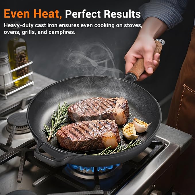 8.7" Cast Iron Skillet with Lid & Removable Wooden Handle, Pre-Seasoned Frying Pan for Stove, Oven, Grill & Campfire Cooking