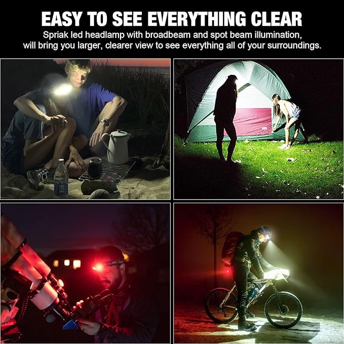 LED Headlamp, 1000lumens 230° Widebeam Headlight, USB Rechargeable HeadLamp with Red Taillight, Lightweight Waterproof Headband Light for Camping Running Hiking, Hard Hat Headlamp