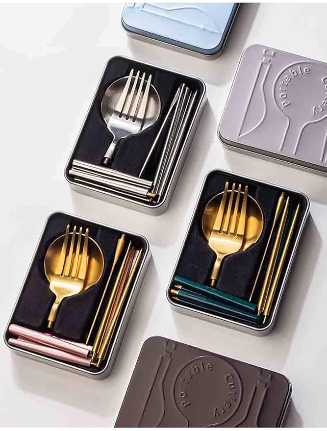 IKXO Folding Camping Cutlery Set Portable Tableware Set Spoon and Fork with Case for Picnic Hiking Thermos Camping Travel Other Outdoor Activities ， Mirror Polished Pocket-sized