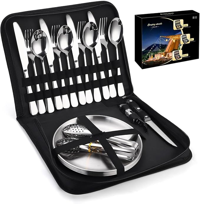 Flatware Silverware Set, 20-piece Outdoor Camping Stainless Steel Cutlery, Forks, Spoons, Plates, Food Clips, Portable Cutlery Bag Set, Tableware Cutlery Set (Color : Silver, Size : 6Set)