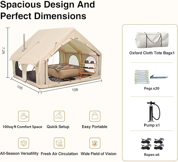 2025 Upgraded Waterproof Inflatable Camping Tent, Large Blow-Up Air Tent, No Assembly Needed Luxury Glamping House, Oxford Fabric