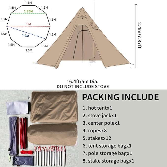 DANCHEL OUTDOOR Backpacking Hot Tent with Stove Jack, 4 Season Lightweight Tipi Tent for 2/4/6 Person Winter Camping Hunting, 10.5FT-16.4FT