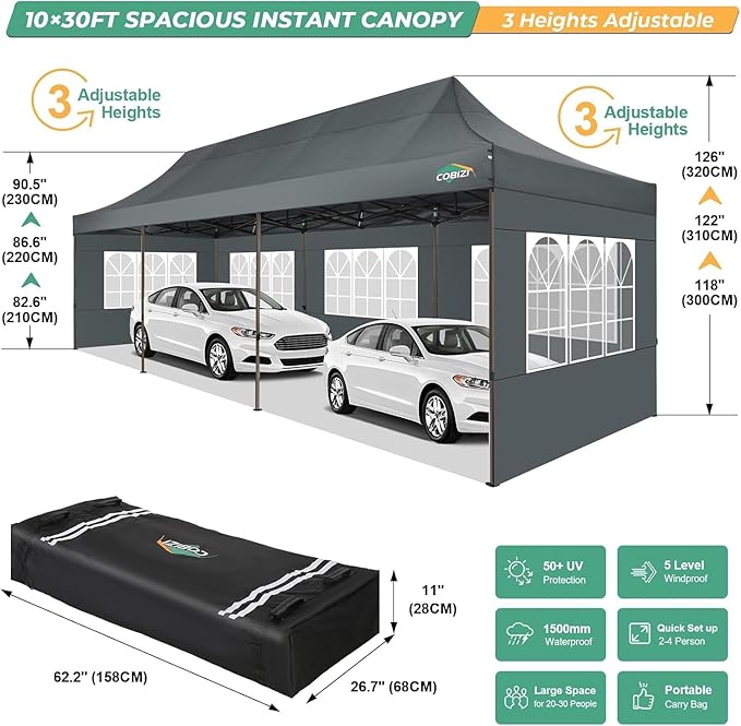 COBIZI 10x30 Heavy Duty Party Tent, Commercial 10x30 pop up Canopy for Parties Waterproof Gazebos with 8 Sidewalls, All Season Wind & Waterproof UPF50+,Stable Thickened Frame, Gray