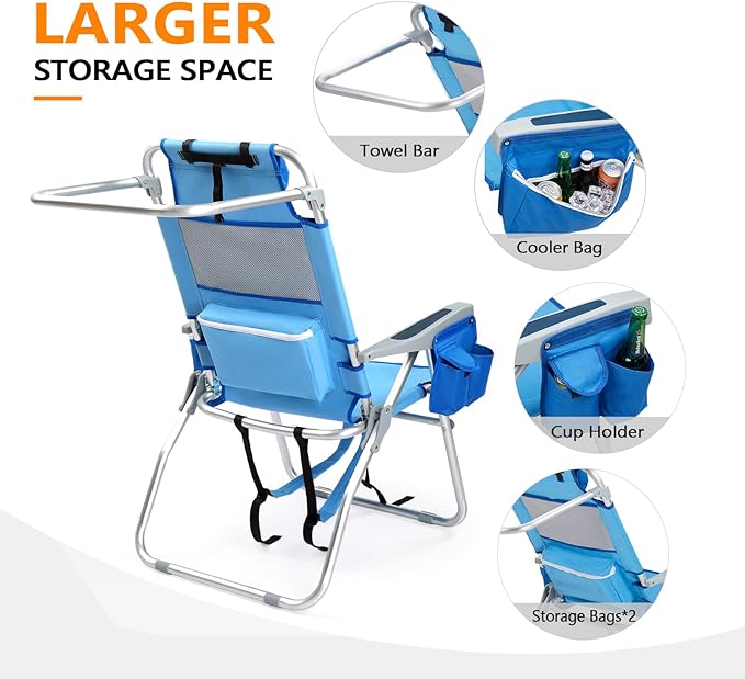 VINGLI Tall Beach Chair 2 Pack Lightweight, Backpack Beach Chair for Adults with 5-Position, Cooler Bag, Cup Holders, Towel Bar, Folding Beach Camping Chairs（16“-Blue）