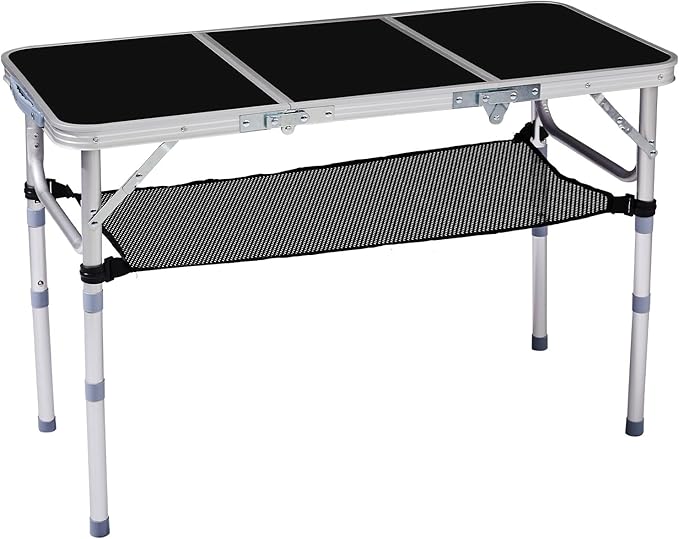 Tri-fold Folding Picnic Table,Outdoor Camping Table Lightweight Portable Aluminum Outdoor Table with Adjustable Heights with Carry Handle,for Outdoor Indoor Hiking Camp BBQ Beach (Black, 3ft)