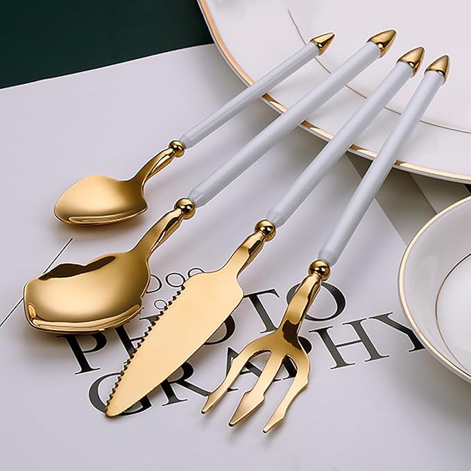 24pcs gold flaware set for 6,stainless steel silverware set,Tableware Sets for 6 Including Forks Spoons Knives, Gold knife and fork long white handle Camping Silverware Travel Utensils Set Cutlery