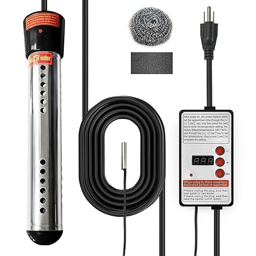 Immersion Water Heater 1500W – Portable Stainless Steel Bucket Heater with Thermostat, Anti-Scald Guard, Auto Shut-Off & Digital Temp Control for Home, Hot Tub, Spa, Camping, RV