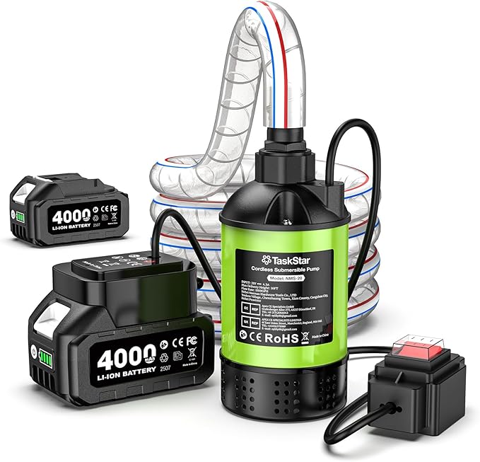 Cordless Submersible Water Pump Brushless, Small Battery Powered Sump Pump with 2x4000mAh Battery & Hose for Swimming Pool Tank Garden Pond Basement Camping Boat Rain Barrels Outdoor Draining