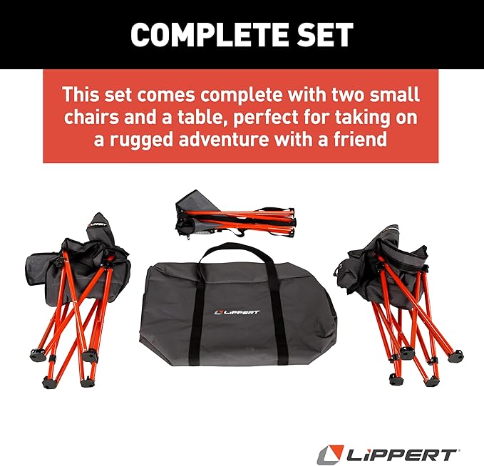 Lippert Baja Overlanding 3-Piece Chair & Table Set, 600-Denier Polyester Folding Chairs, Dual Cupholders, Innovative Scoop for Ultimate Comfort, Fold-up Convenience - 2023053719